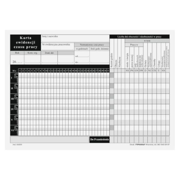 Karta ewidencji czasu pracy Typograf A5